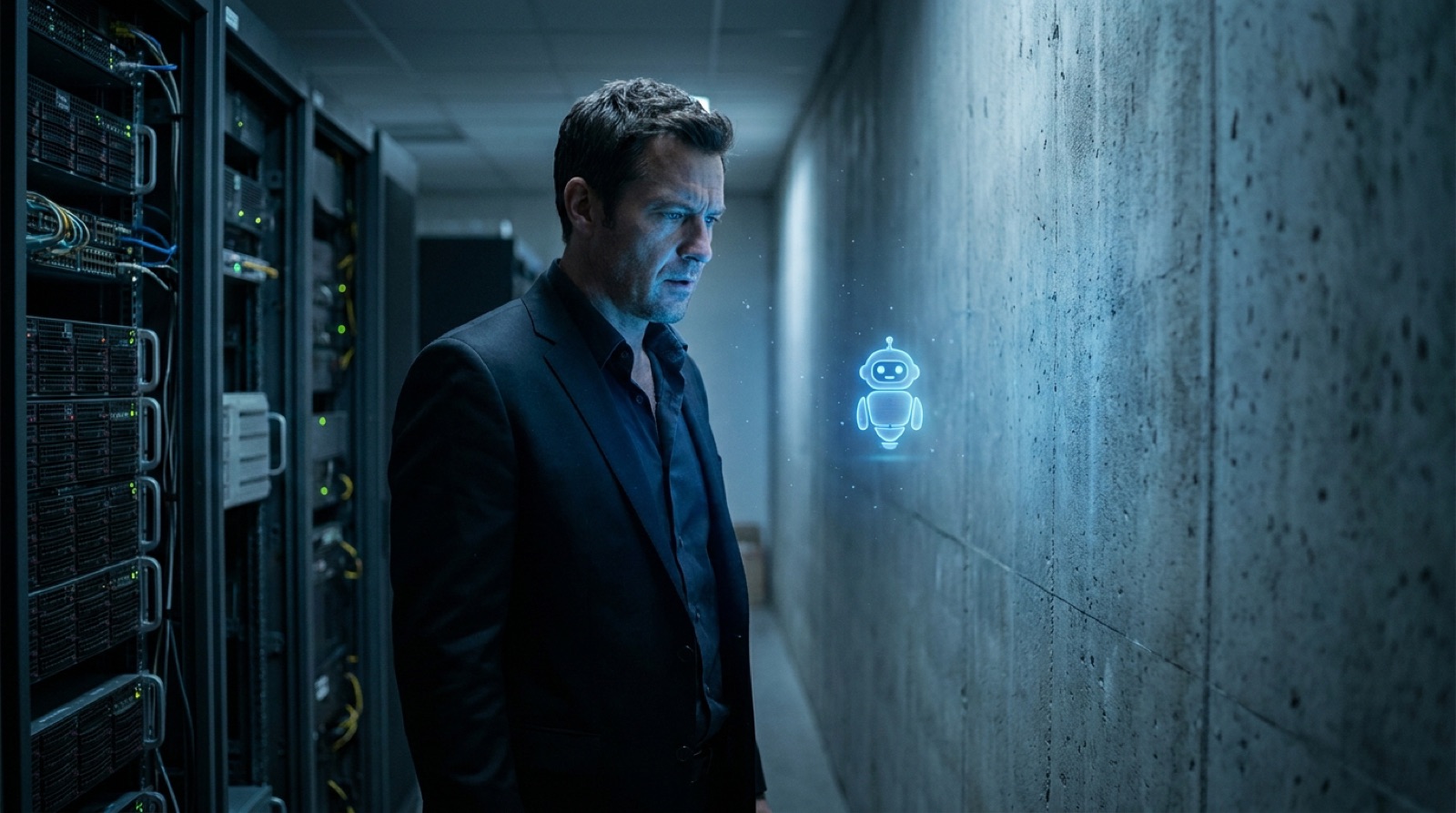 An IT director facing a massive wall in a legacy server room, with a small glowing AI agent unable to pass through it, illustrating that AI agents cannot bypass the SAP ECC 2027 deadline