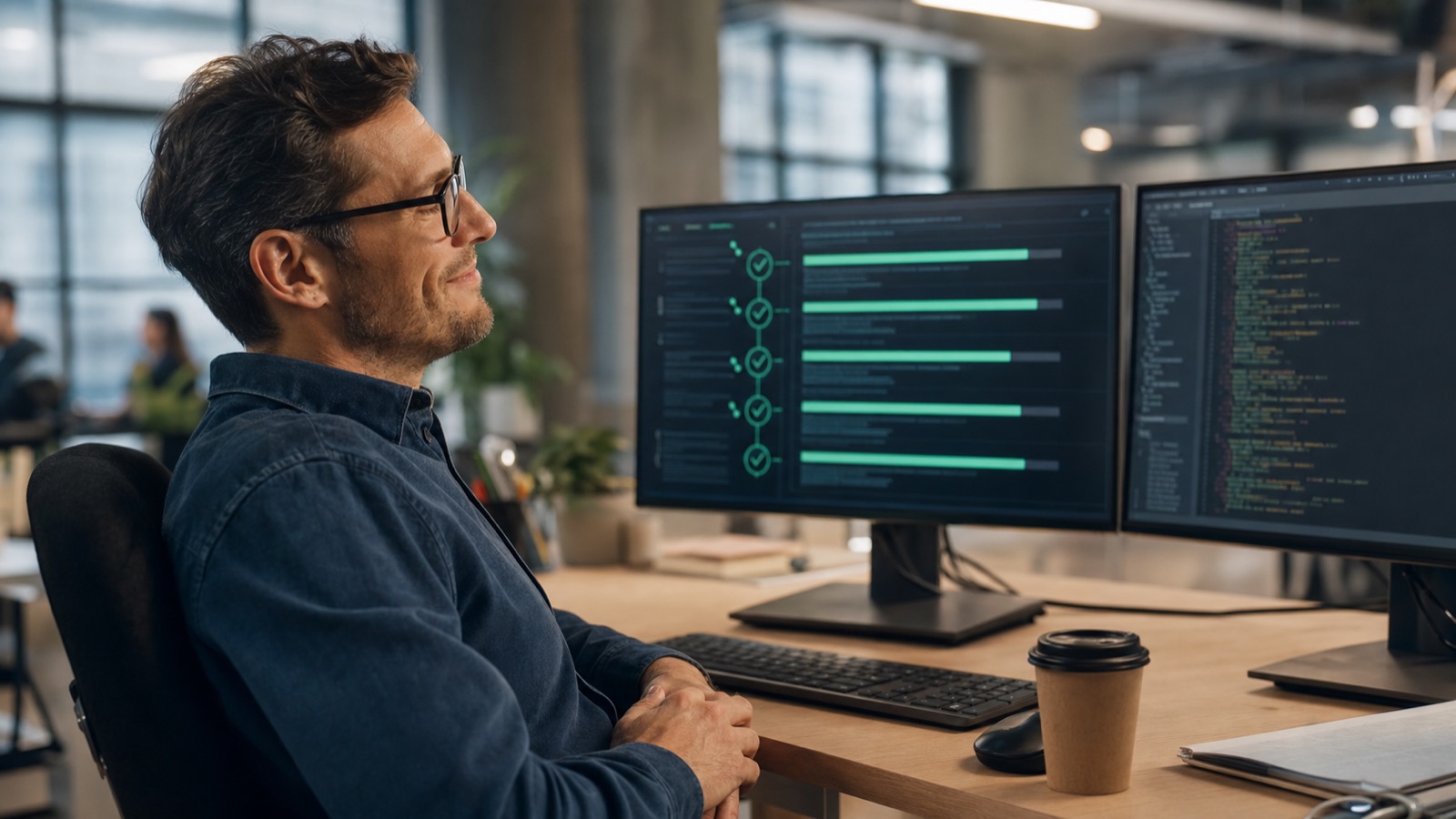 SAP developer reviewing an AI-powered code remediation dashboard with cascading checkmarks showing rapid automated migration progress