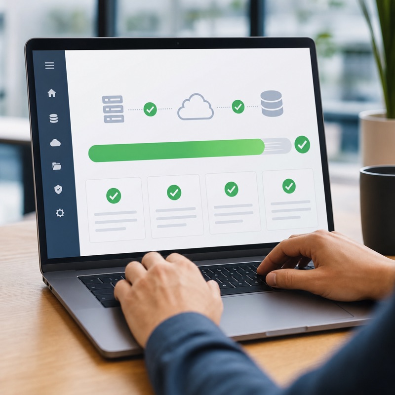 Hands typing on a laptop showing an automated migration progress dashboard with green checkmarks