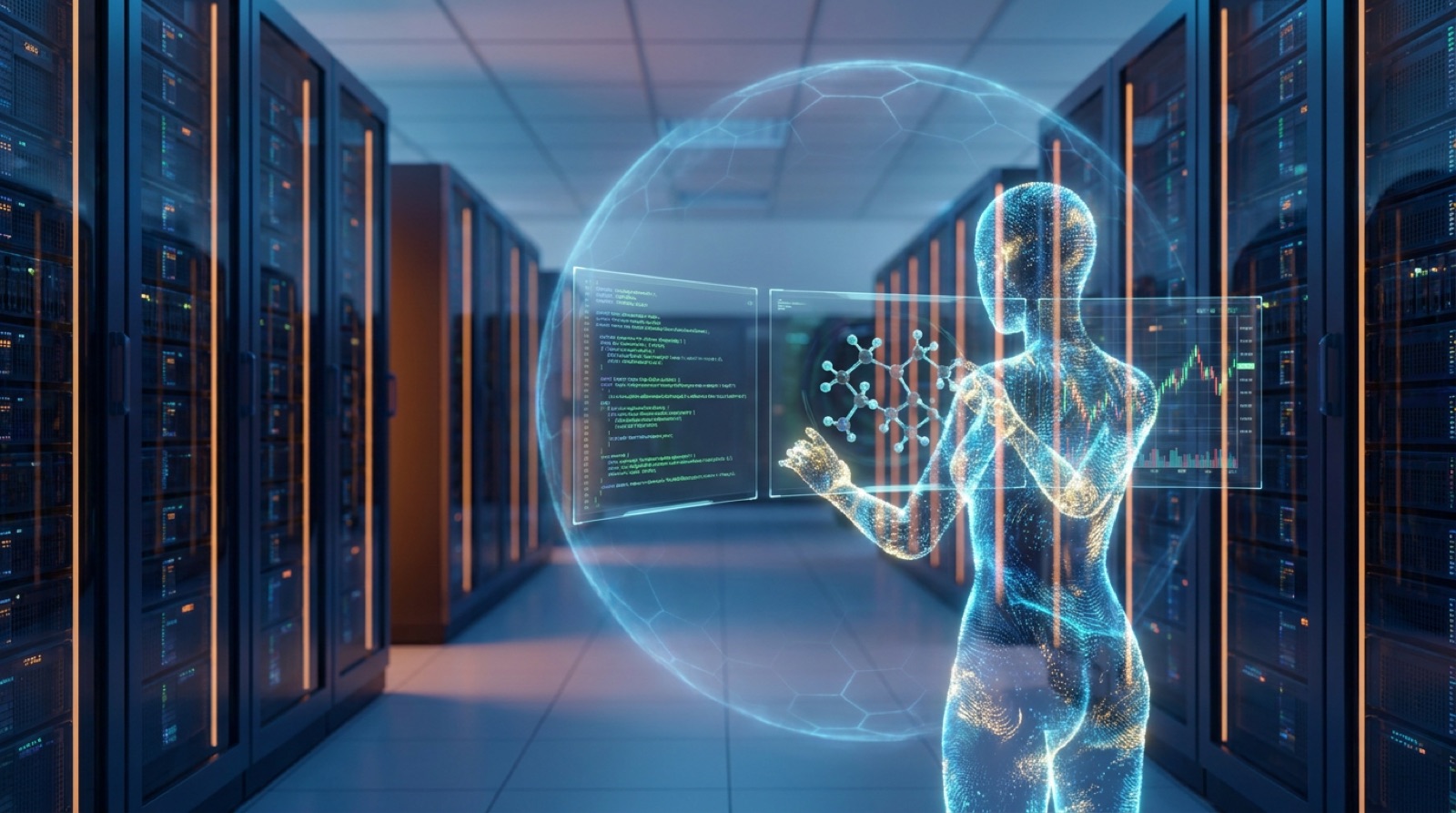 A futuristic blue and amber data center corridor with rows of glowing server racks, where a translucent holographic AI made of light particles works autonomously across floating screens showing code, a protein diagram, and a financial chart, surrounded by a faint protective glass shield