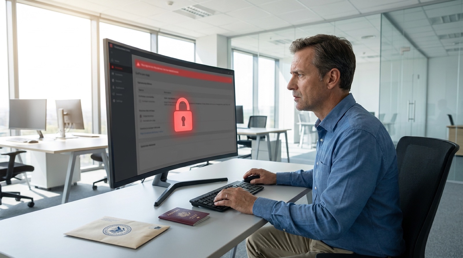 A professional engineer in a bright office looks at a monitor showing an AI assistant interface locked behind a red banner and a padlock icon, with a passport and a sealed government letter on the desk