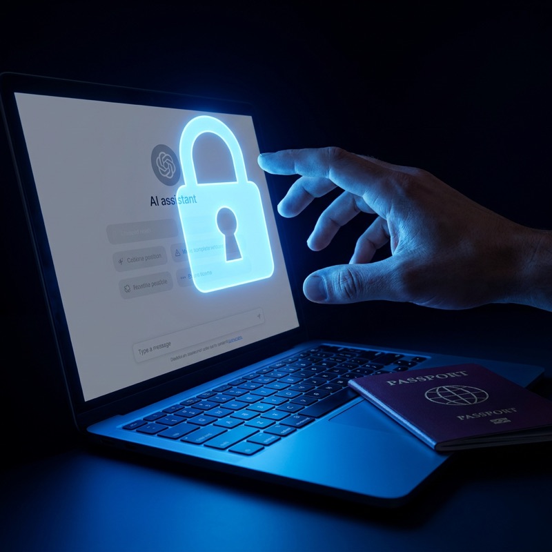 A hand reaching toward a laptop showing an AI assistant locked behind a glowing padlock, with a passport beside the laptop