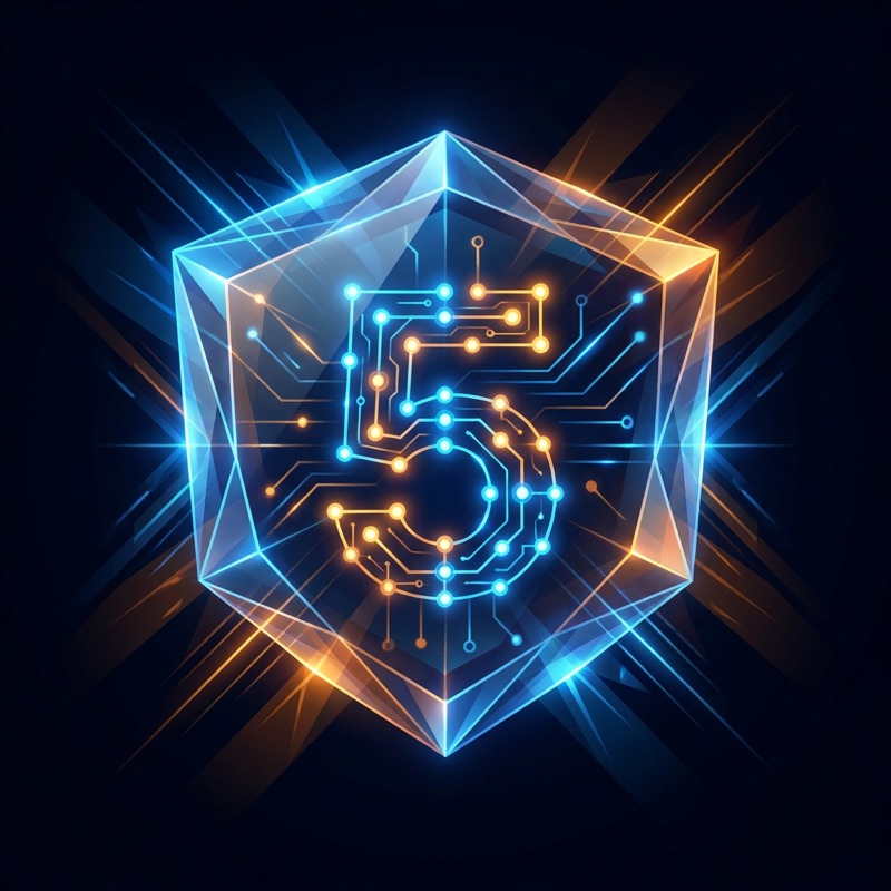 Glowing geometric AI core shaped like a number five, formed from interconnected light nodes inside a translucent protective shield, in electric blue and amber