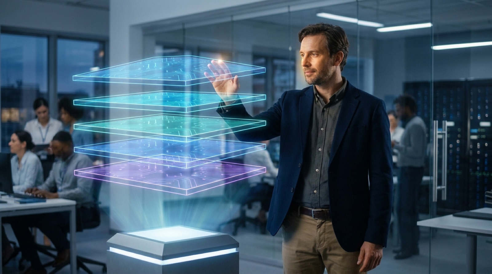 Enterprise architect placing the top layer onto a glowing five-layer technology stack, illustrating the foundation of the SAP Autonomous Enterprise