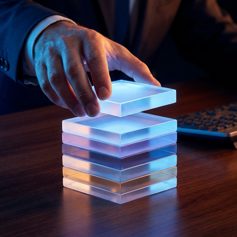 A hand placing the top glowing layer onto a stack of five illuminated layers, illustrating the foundation of the SAP Autonomous Enterprise