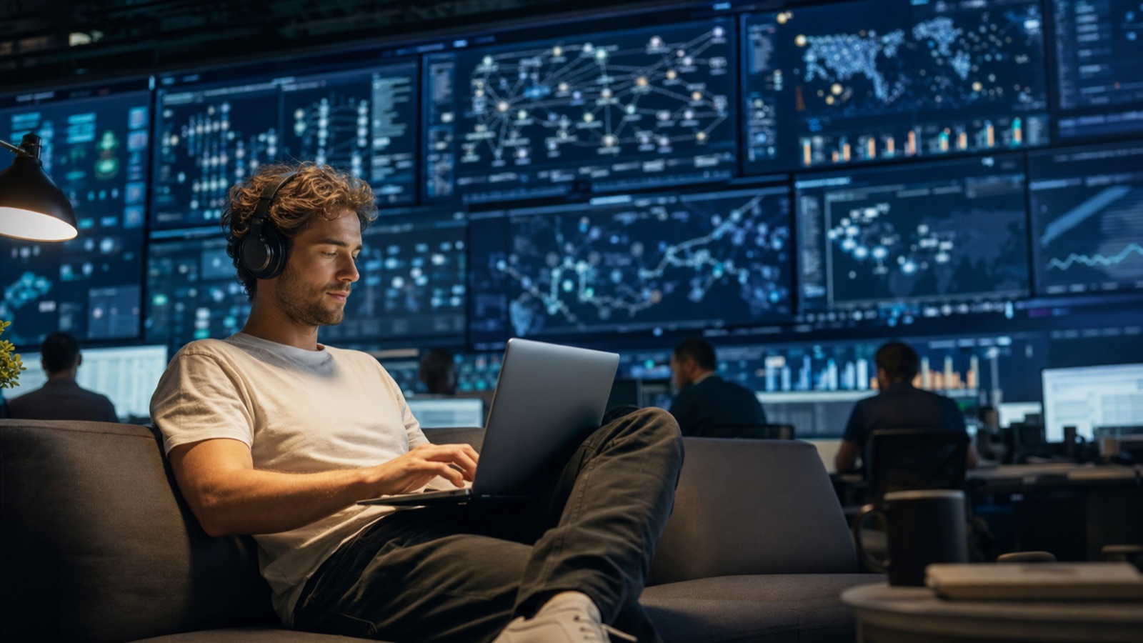 Relaxed developer with a laptop dwarfed by a massive enterprise operations control room, illustrating the scale gap between vibe coding and ERP complexity