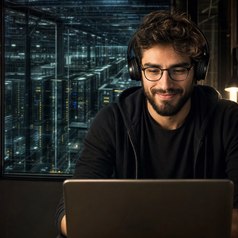 Young developer with headphones and a laptop in front of a massive industrial server room, illustrating the gap between vibe coding and ERP scale