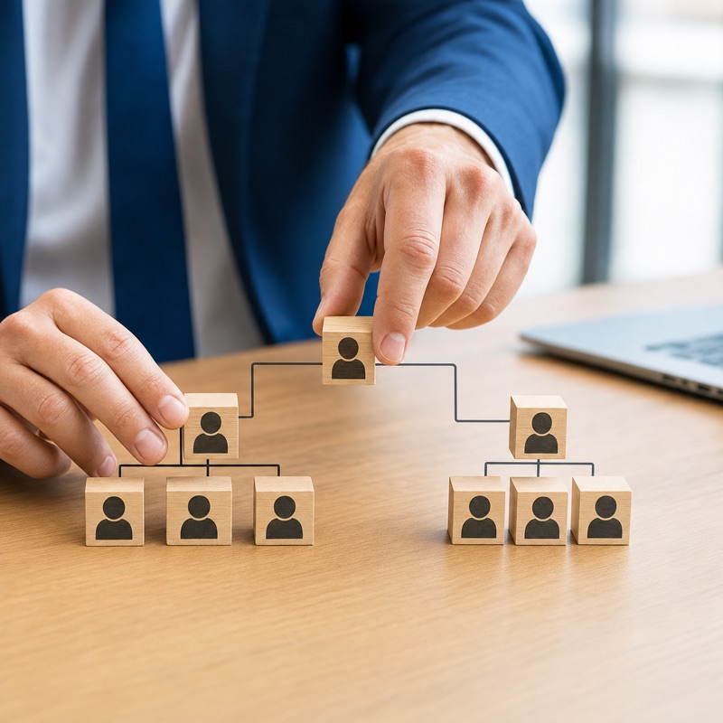 Hands rearranging connected wooden blocks into a new org-chart structure, symbolizing an AI operating model redesign