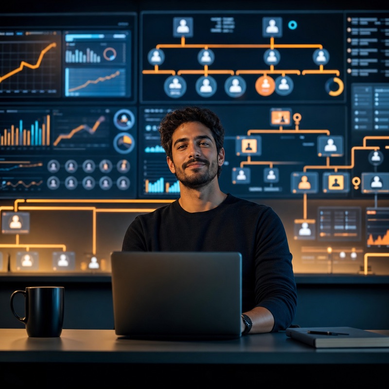 A single entrepreneur at a minimalist desk while a wall of automated business dashboards runs the company autonomously behind them