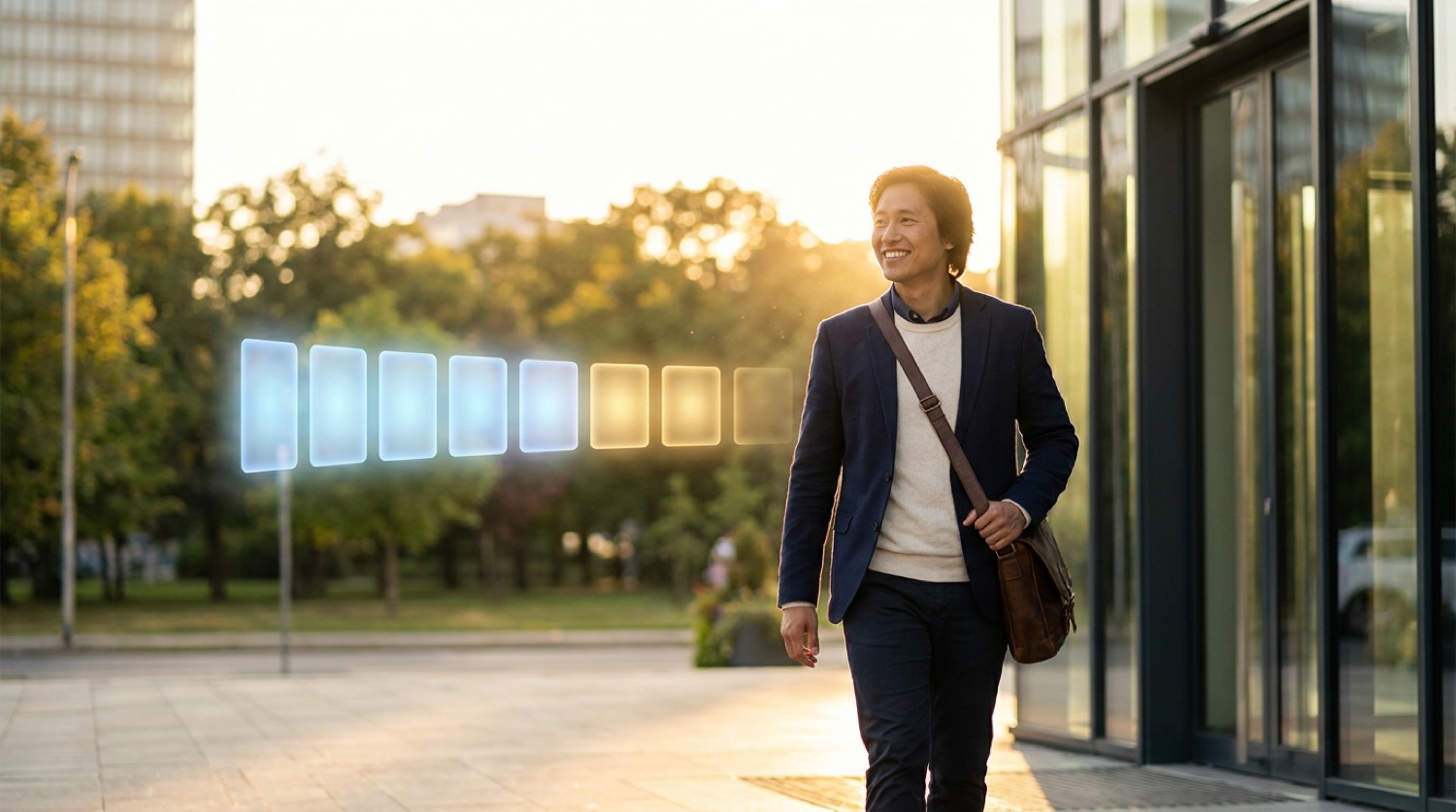 A smiling professional in a blazer walks out of a glass office building into golden late-afternoon light, beside a glowing holographic strip of seven calendar blocks where several glow blue for work days and the rest glow gold for days off