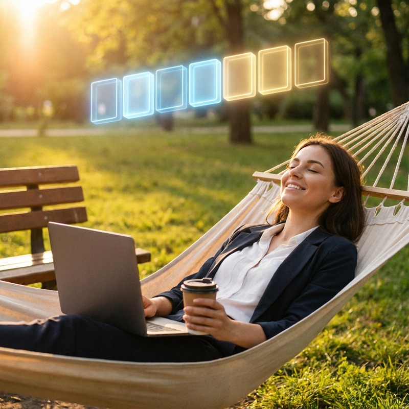 A smiling professional relaxing in a hammock in a sunny park with a closed laptop and coffee, beside a glowing holographic week strip showing four blue work days and three gold days off