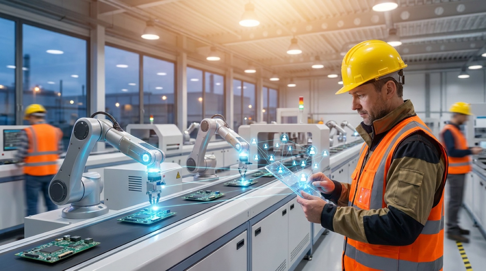 A factory plant manager in a hard hat and safety vest holds a tablet displaying a glowing AI agent network connected to robotic arms on an electronics assembly line