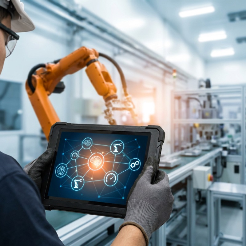 A factory engineer holds a tablet showing a glowing network of AI agent icons connected to robotic arms and machines on an assembly line