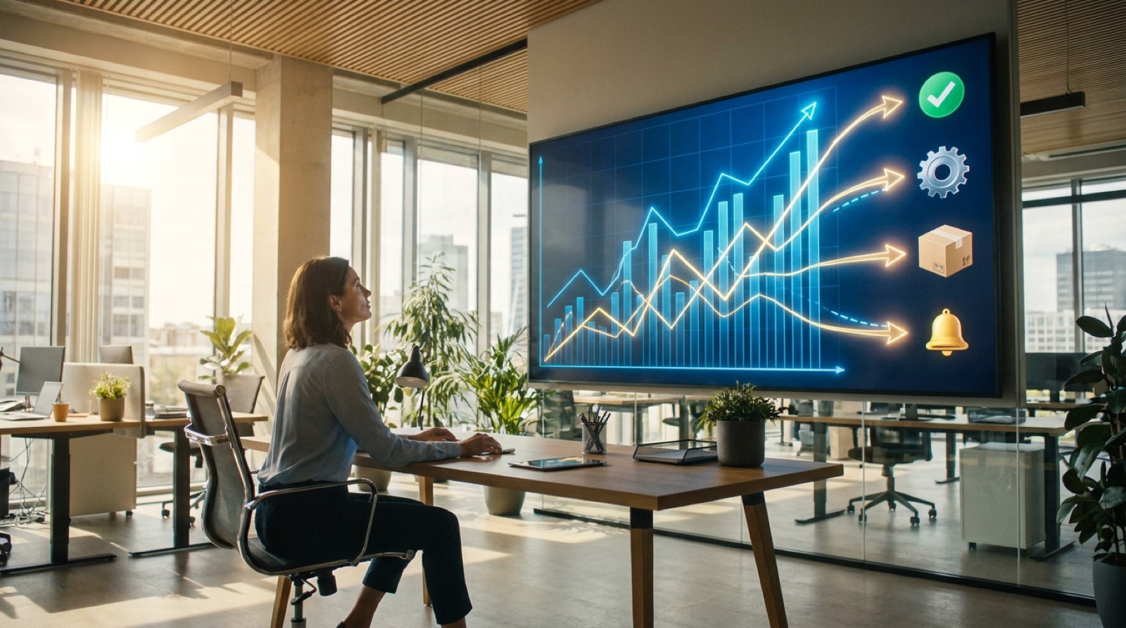 A business analyst at her desk looks up at a large screen showing a glowing forecast chart with an upward trend line connected by arrows to automated action icons including a gear, checkmark, and shipping box