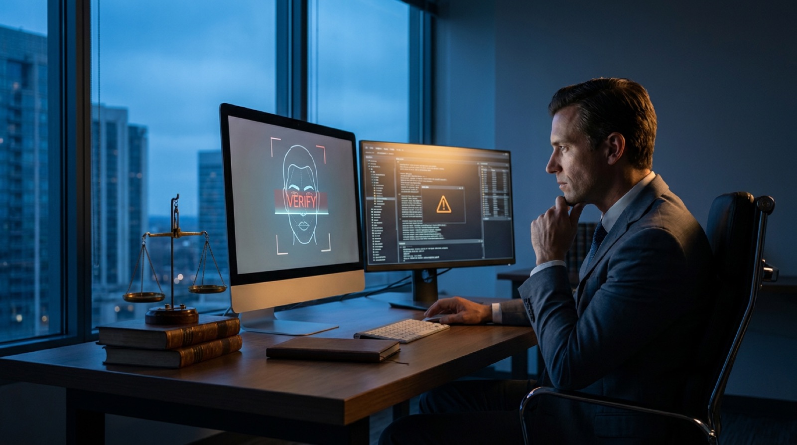 A business professional studies two monitors in a dark office, one screen showing a human face flagged by a deepfake-detection scan, with a brass balance scale on the desk symbolizing AI ethics and judgment