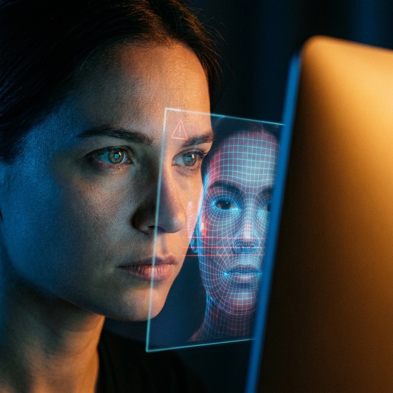 A woman's face half-lit by a screen showing a synthetic face scan overlay, illustrating generative AI ethics and deepfake risks