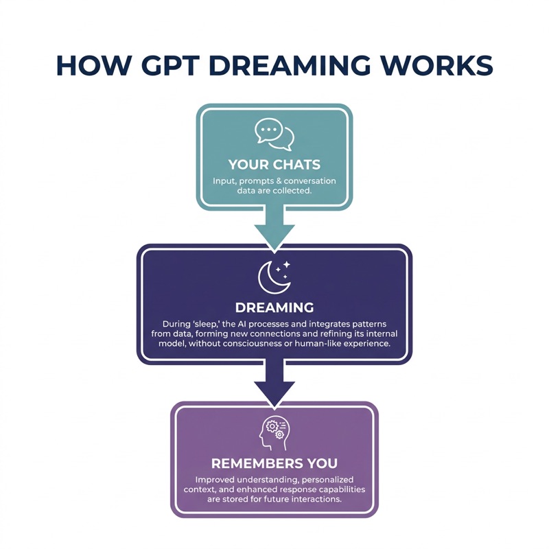 Infographic of how GPT Dreaming works in three steps: Your Chats, Dreaming, Remembers You