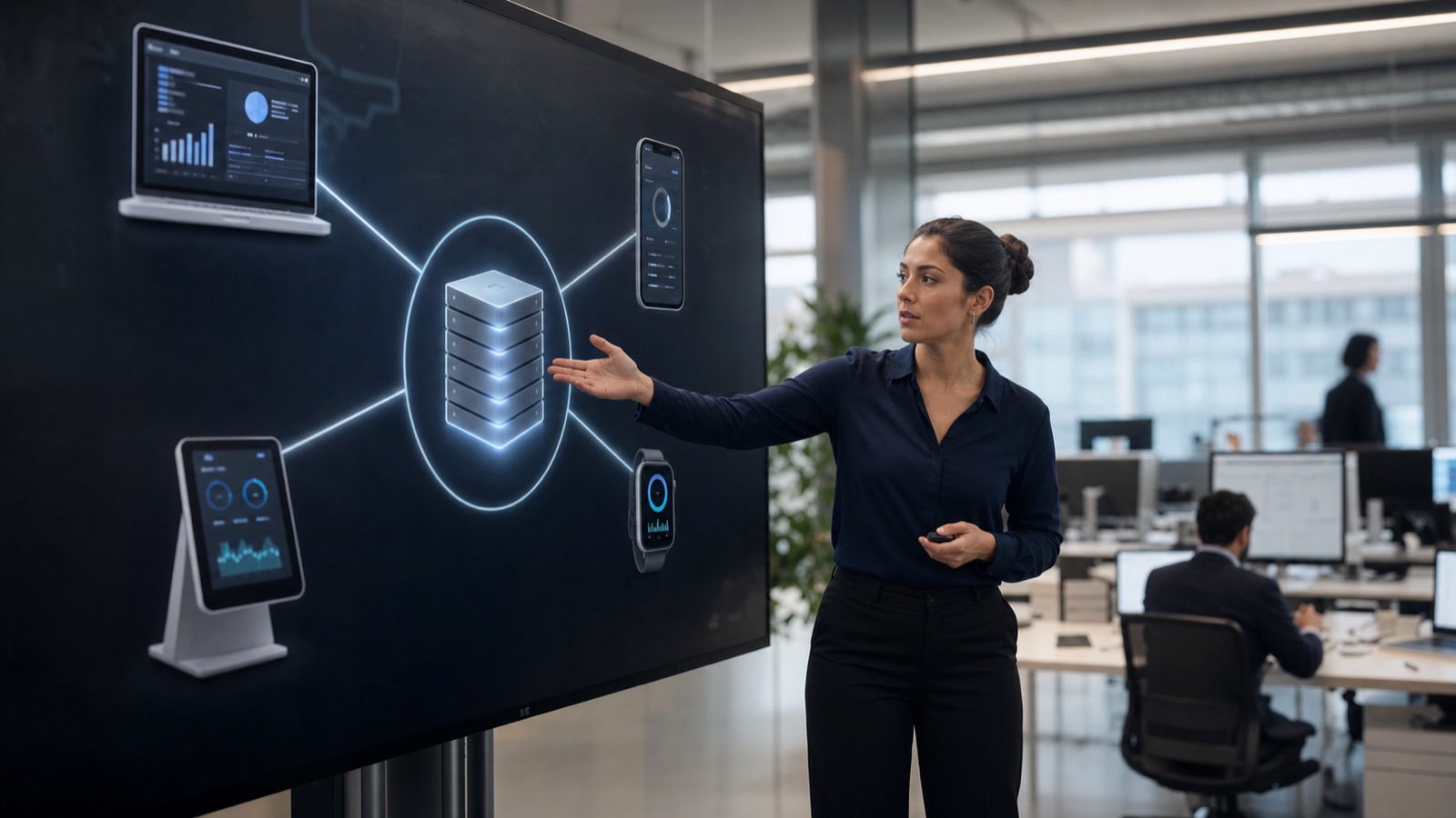 Software architect presenting a headless ERP hub-and-spoke diagram showing one backend connecting to multiple frontend devices on an office wall display