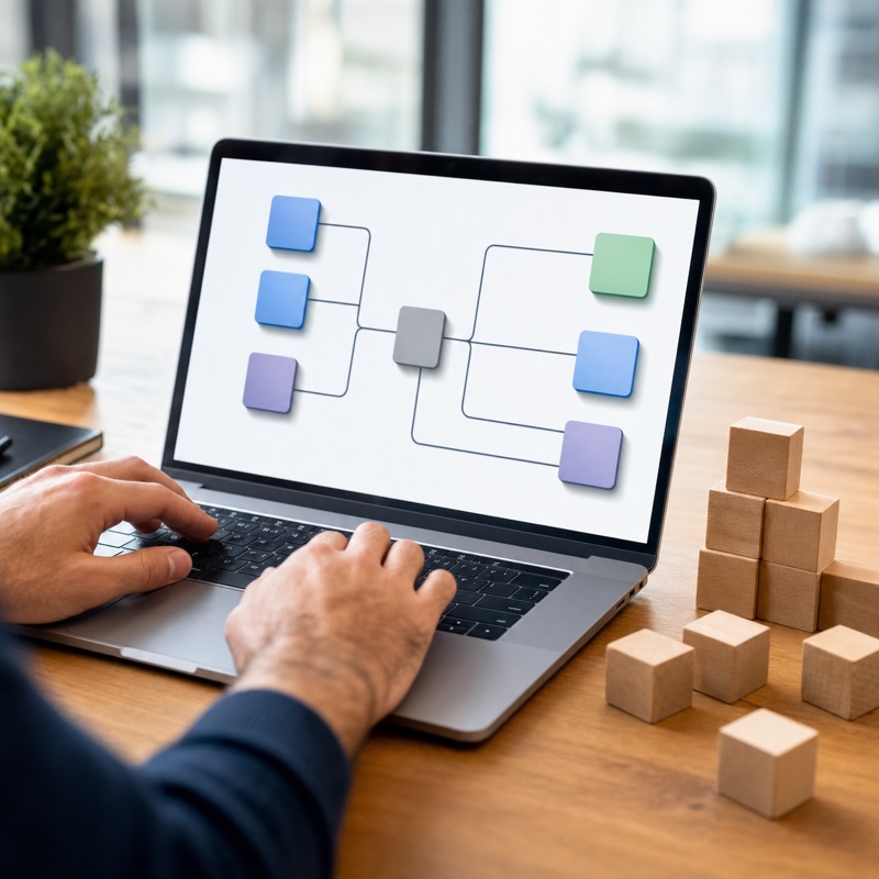 Developer typing on a laptop showing a modular API diagram with wooden building blocks symbolizing composable architecture
