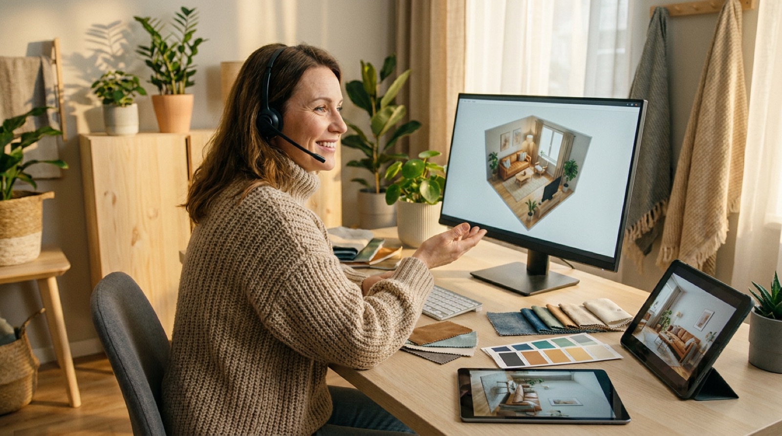 A former call-centre worker, now a remote interior design advisor, wears a headset and reviews a 3D room layout on screen surrounded by fabric swatches in a bright Scandinavian-style home office