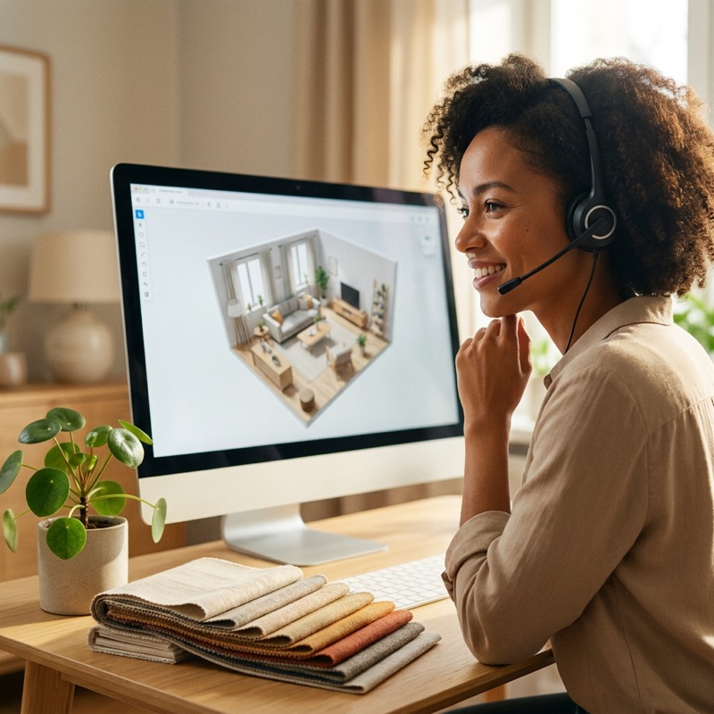 A smiling remote interior design advisor wearing a headset reviews a 3D room layout on screen surrounded by fabric swatches