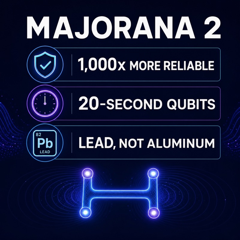 Infographic titled Majorana 2 showing three specs: 1,000x more reliable, 20-second qubits, lead not aluminum, with an H-shaped nanowire diagram