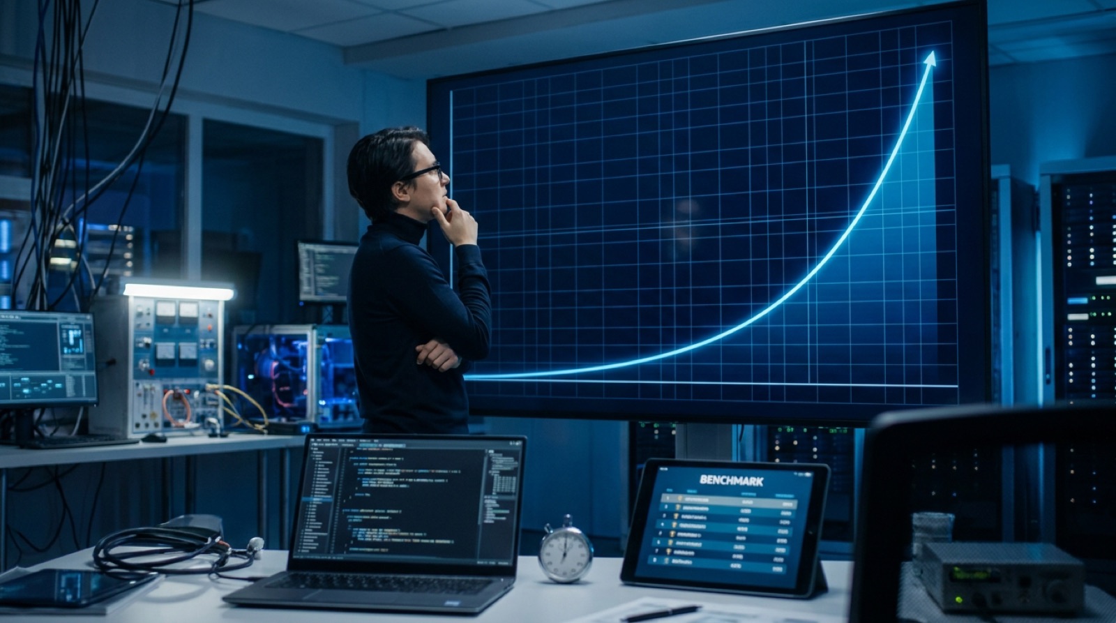 A researcher in an AI lab looking at a steep exponential growth curve on a display, illustrating the accelerating pace of AI capability improvement