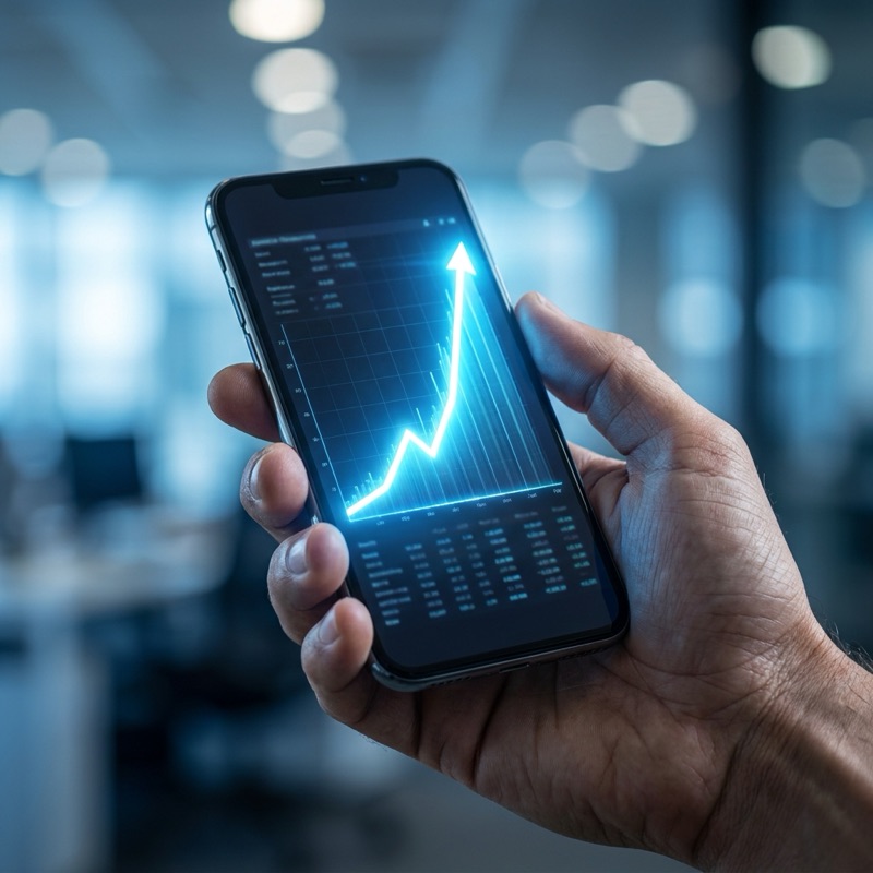 A hand holding a phone displaying a steep glowing exponential growth chart, illustrating the accelerating pace of AI capability evolution