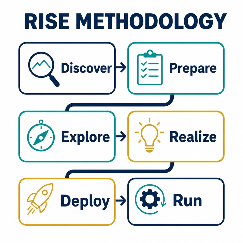 Infographic of the RISE Methodology showing six phase boxes: Discover, Prepare, Explore, Realize, Deploy, Run