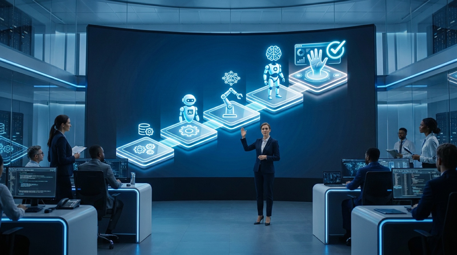 An enterprise executive presents a five-step ascending roadmap on a large screen, each step showing an increasingly autonomous AI agent icon, ending in a control dashboard with a human-oversight checkmark