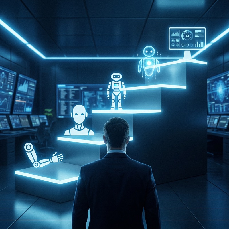 A business leader looks up at a glowing five-step staircase, each step showing an increasingly autonomous AI agent icon ending in a control dashboard