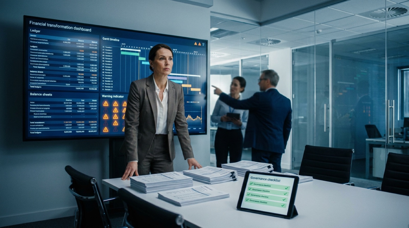 A CFO stands in a corporate war room reviewing a wall-mounted S/4HANA financial transformation dashboard with ledgers, a project timeline, and amber warning indicators, while colleagues discuss in the background