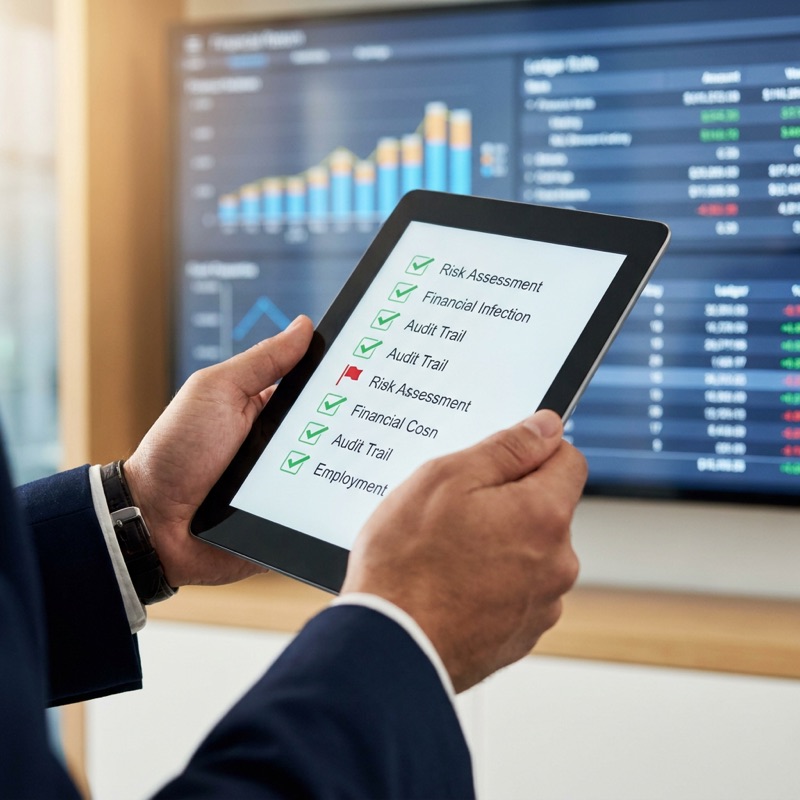 Hands holding a tablet showing a governance checklist with checkmarks and a red warning flag over a blurred S/4HANA financial dashboard