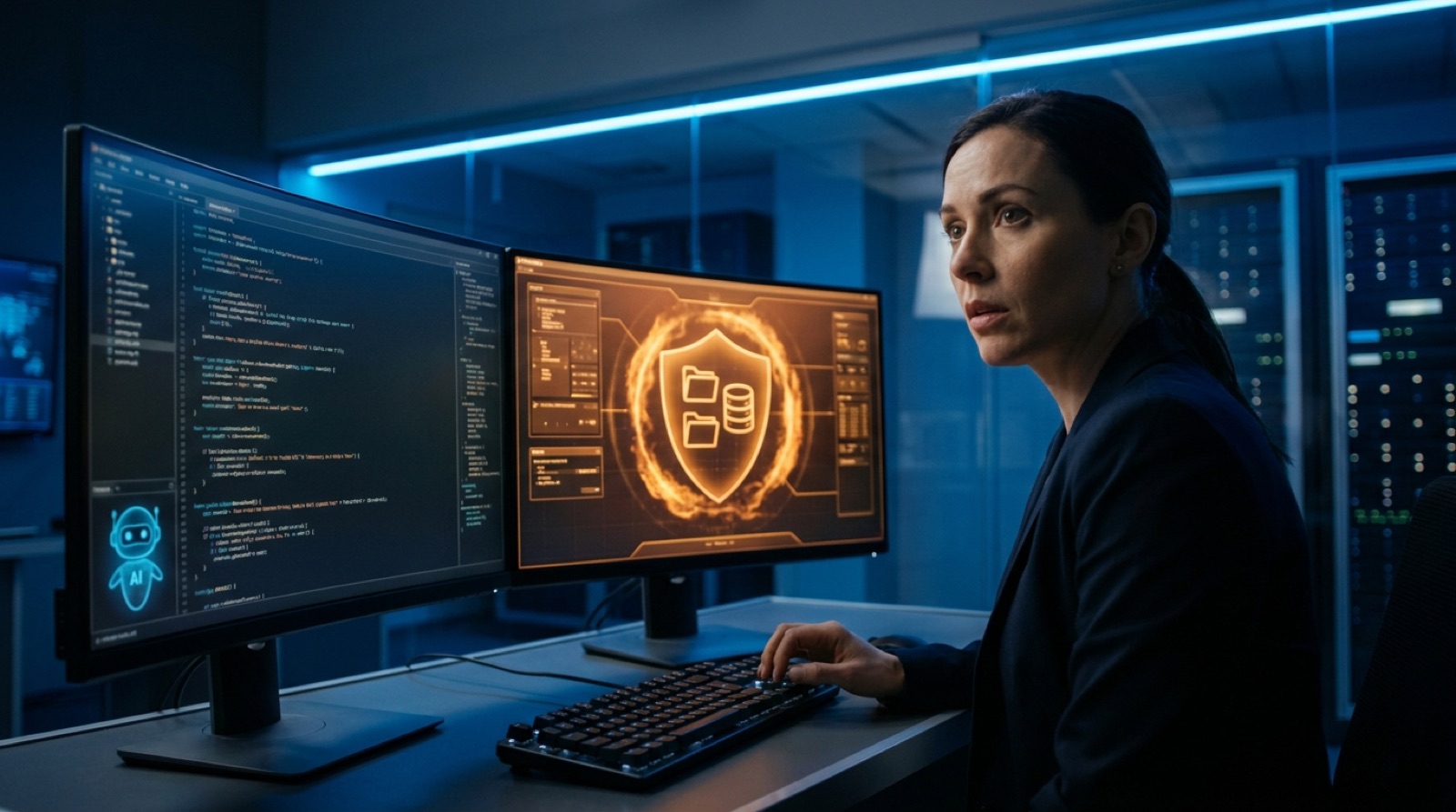 A security engineer monitoring an AI coding agent's activity alongside a glowing permission-boundary shield dashboard, illustrating agentic AI coding safeguards