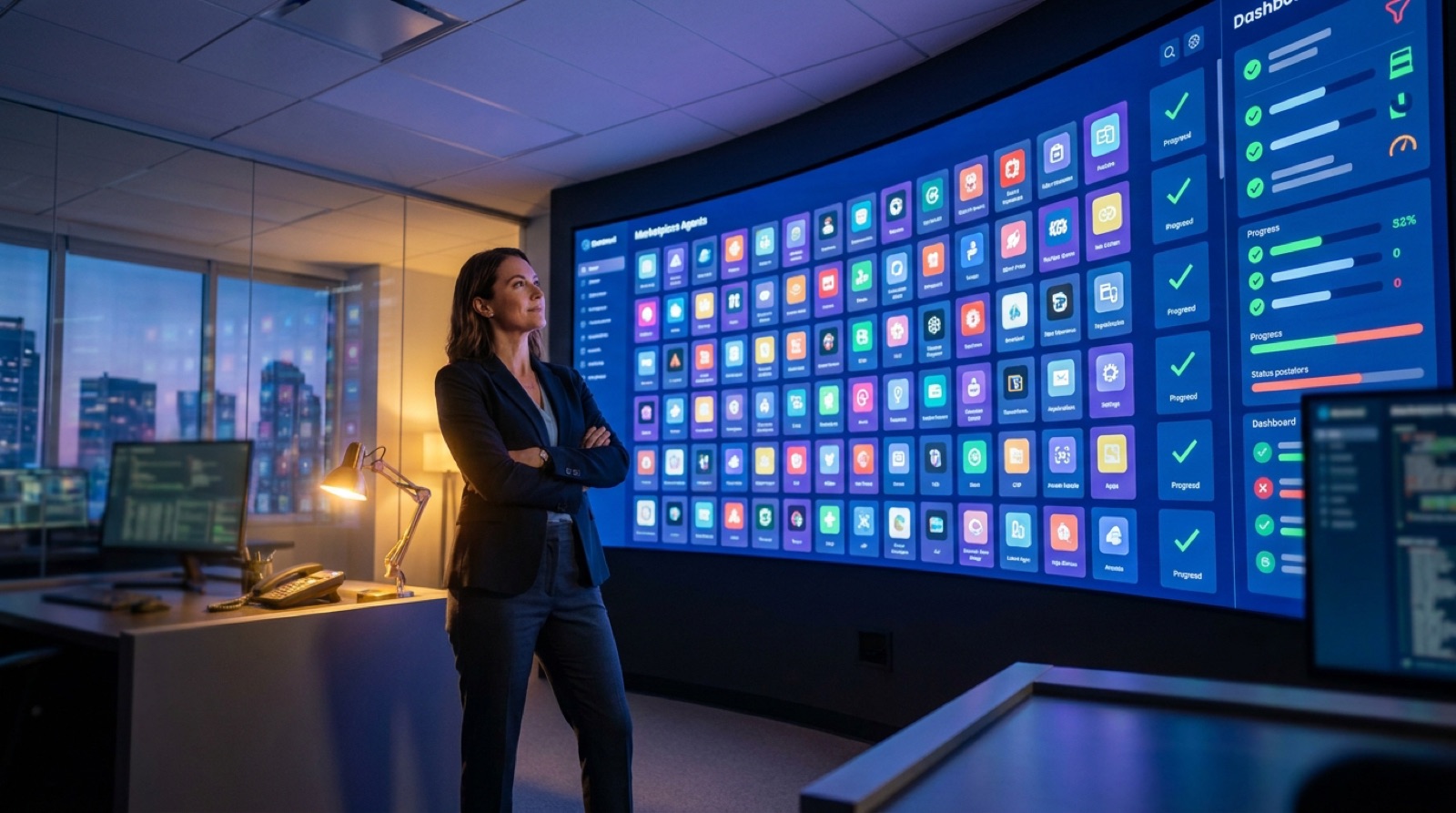 An enterprise IT governance leader overseeing a wall screen showing a marketplace grid of AI agents with a governance dashboard, illustrating SAP's AI Agent Hub