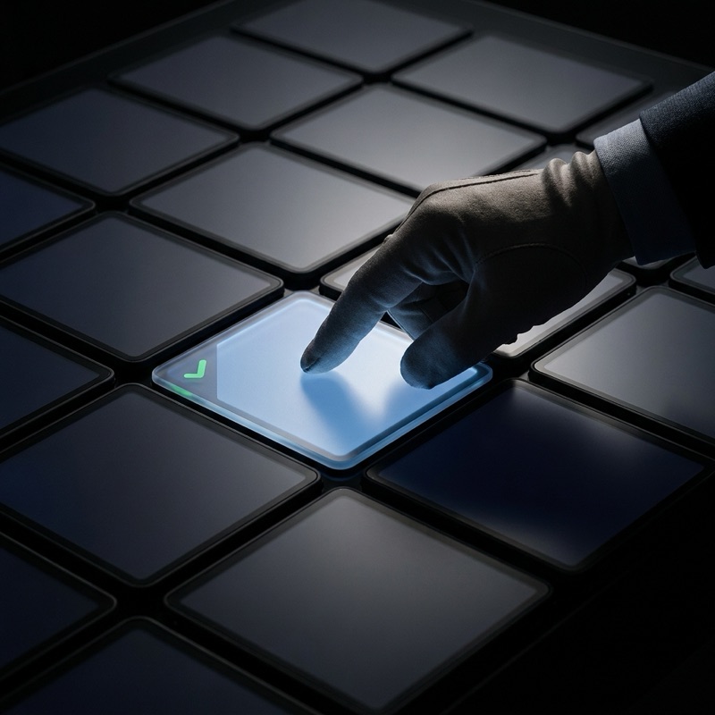 A hand selecting one glowing, checkmarked tile from a grid of AI agent tiles, illustrating SAP's AI Agent Hub marketplace