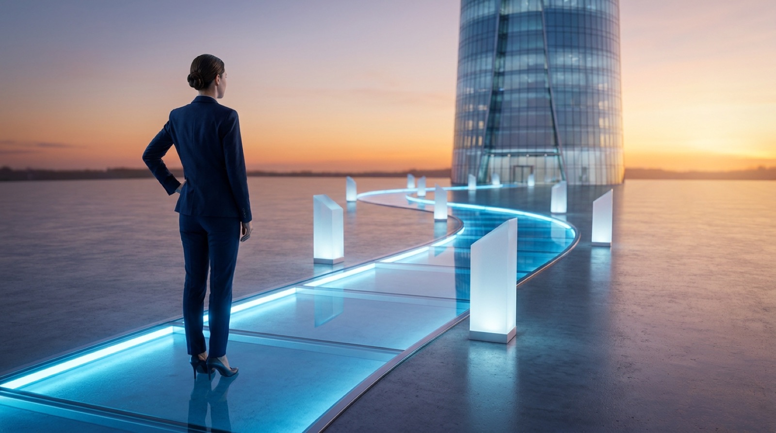 A business leader looking ahead along an illuminated pathway with milestone markers leading toward a futuristic building, illustrating the phased roadmap to the SAP Autonomous Enterprise