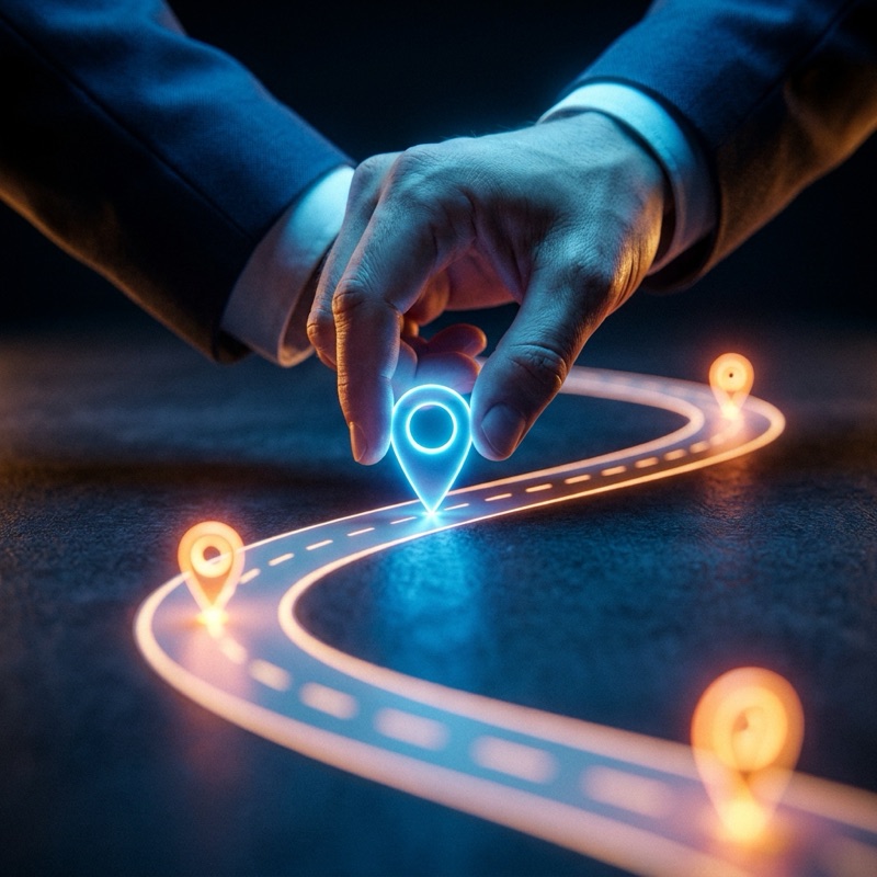 A hand placing a glowing location pin on a winding roadmap path with milestone markers, illustrating the phased roadmap to the SAP Autonomous Enterprise