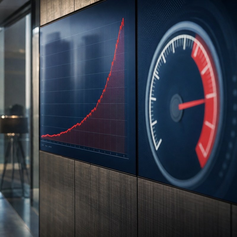 A hand pushing an analog gauge needle deep into the red high zone, symbolizing runaway AI token costs