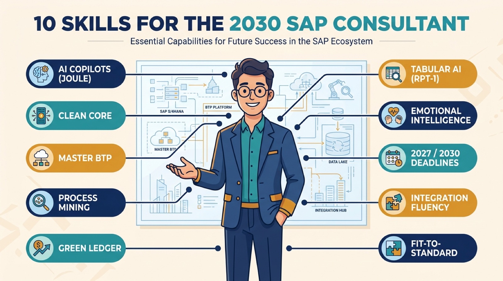 Cartoon-style illustration of a friendly SAP consultant with glasses before a blueprint, with the ten skills for 2030 called out around the figure