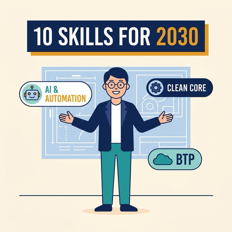 Cartoon illustration of a friendly SAP consultant with the ten skills for 2030 called out around the figure