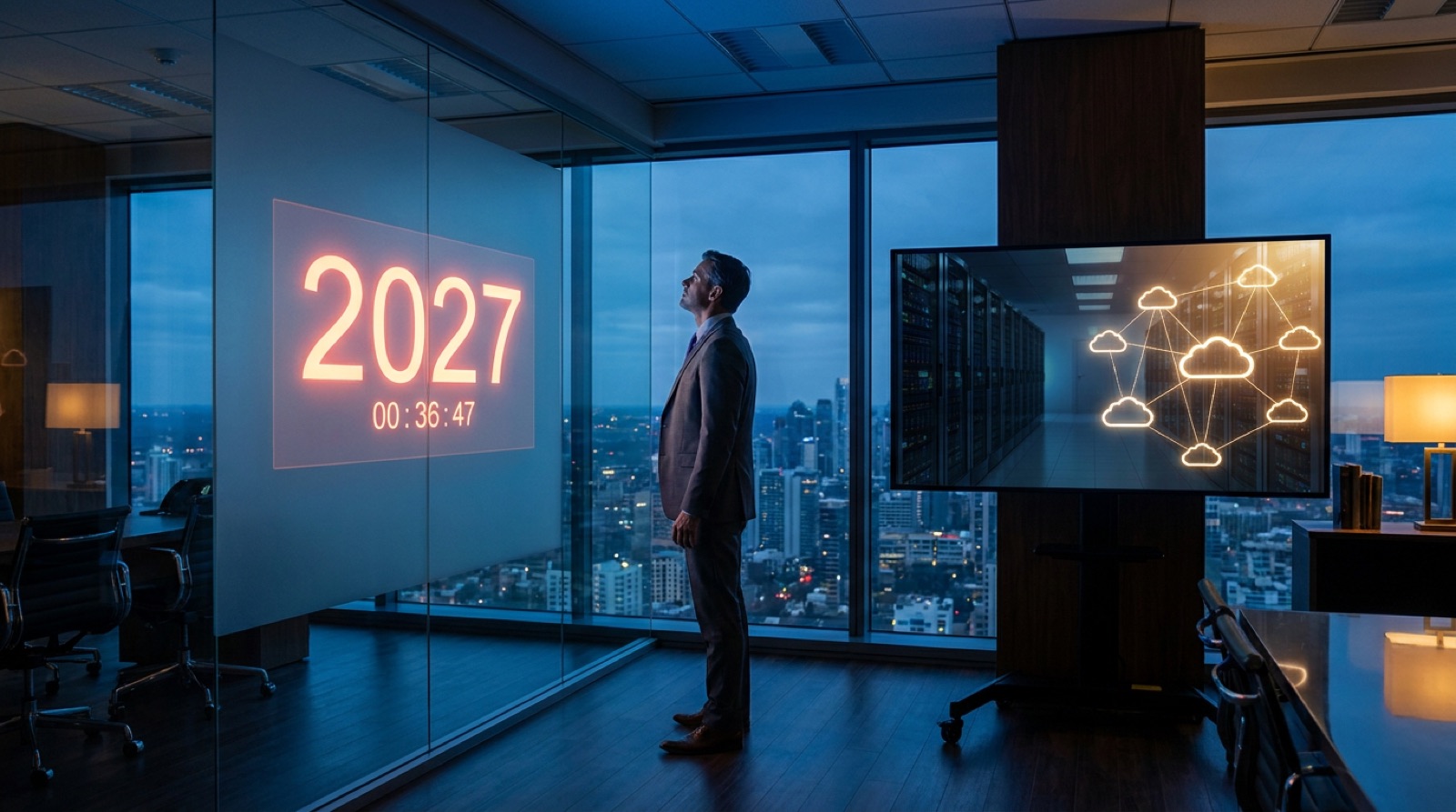 A corporate executive reviewing a 2027 countdown clock on a digital display in a modern glass office, with a fading legacy server room being replaced by cloud infrastructure graphics on a second screen