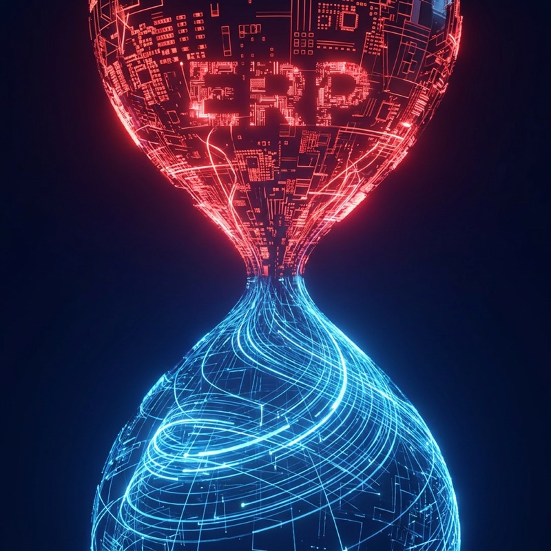 Hourglass with legacy ERP servers draining into a glowing cloud, representing the SAP ECC 2027 deadline urgency