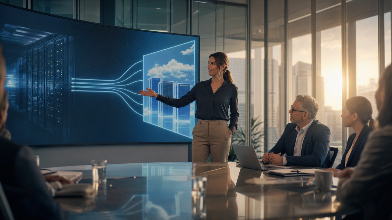 IT transformation director reviewing an SAP S/4HANA migration roadmap on a large display in a modern boardroom, choosing between legacy and cloud paths