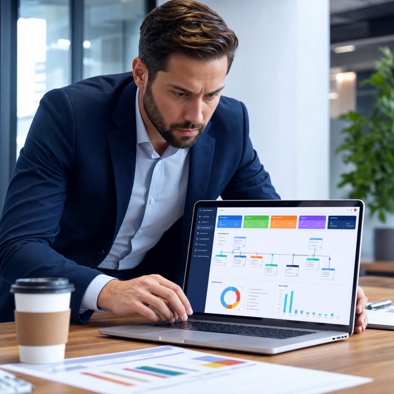 IT consultant reviewing an SAP S/4HANA migration roadmap dashboard on a laptop in a corporate office