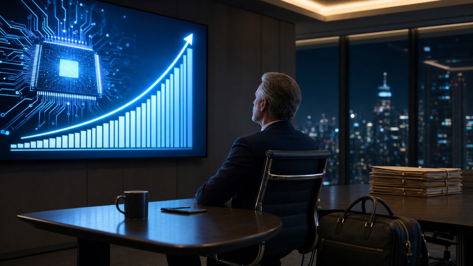 Executive in a corporate boardroom reviewing an AI strategy screen while traditional hiring and travel documents are pushed aside on the table