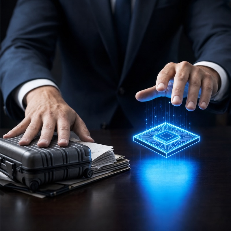 Executive hands pushing aside travel suitcase and documents while reaching toward a glowing AI chip, symbolizing SAP's resource reallocation to AI