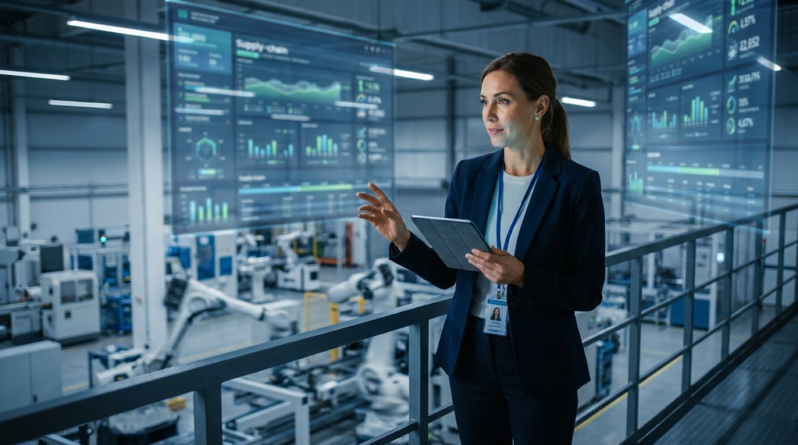 An industry expert on a manufacturing mezzanine using a tablet beside a sector-specific operations dashboard, illustrating Industry AI combining domain expertise with AI