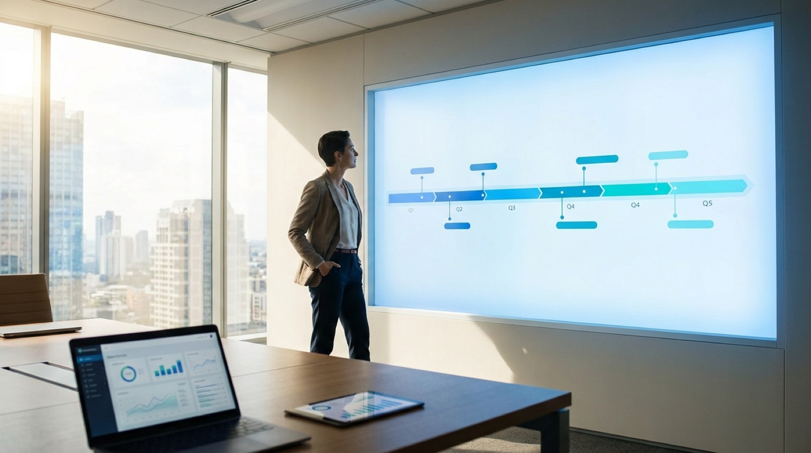 An enterprise technology leader studying a Joule product roadmap timeline with milestone markers on a large office wall screen, representing the SAP Joule roadmap across 2026 and 2027