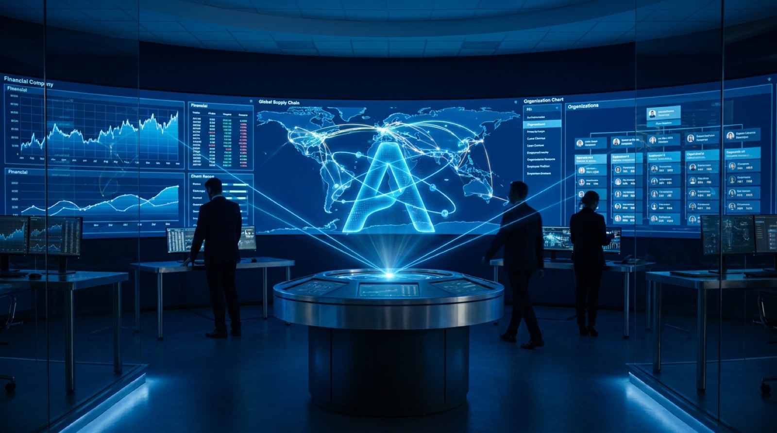 A modern enterprise command center with multiple curved screens showing live financial dashboards, supply chain maps, and HR analytics, with a glowing SAP-blue AI assistant hologram at the center connecting data streams across all screens